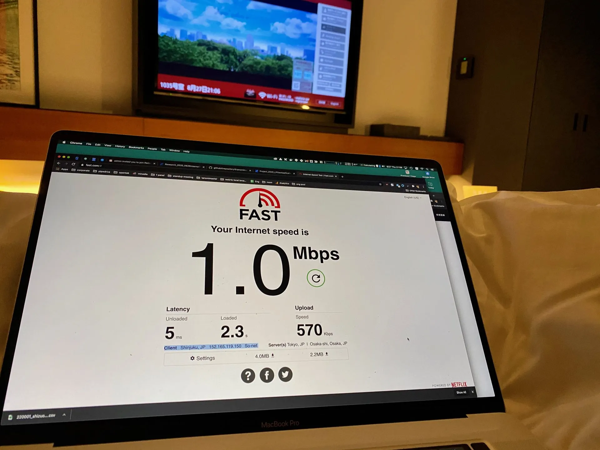 ホテルのWiFi速度テスト結果