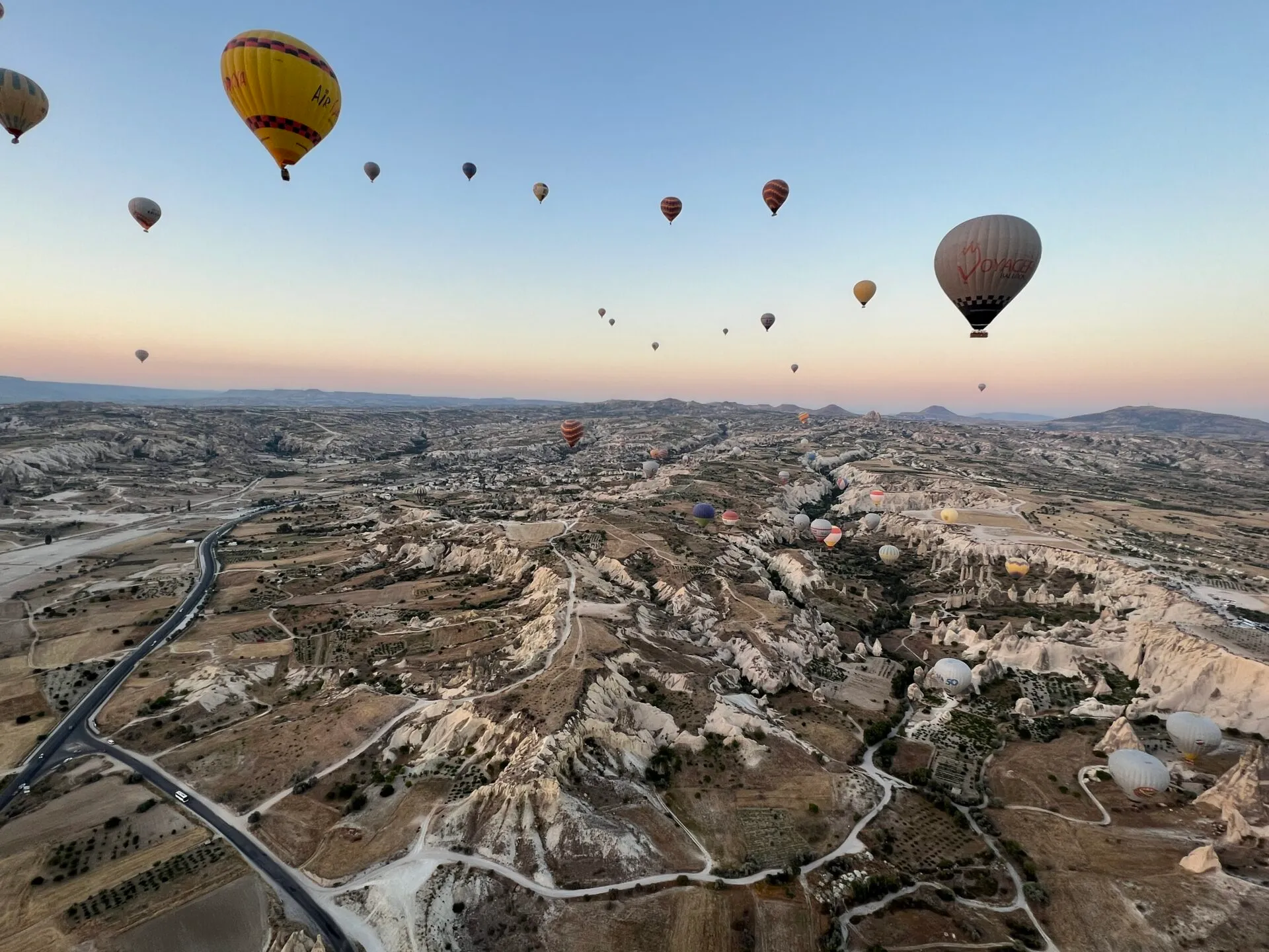 多数の気球が浮かぶ朝空