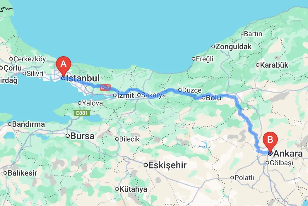 イスタンブールからアンカラへのルート