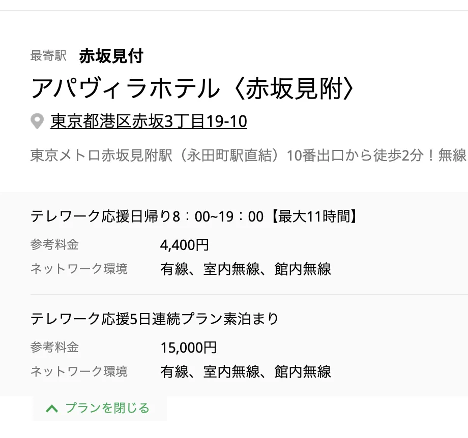 1週間15000円のホテルワークプラン